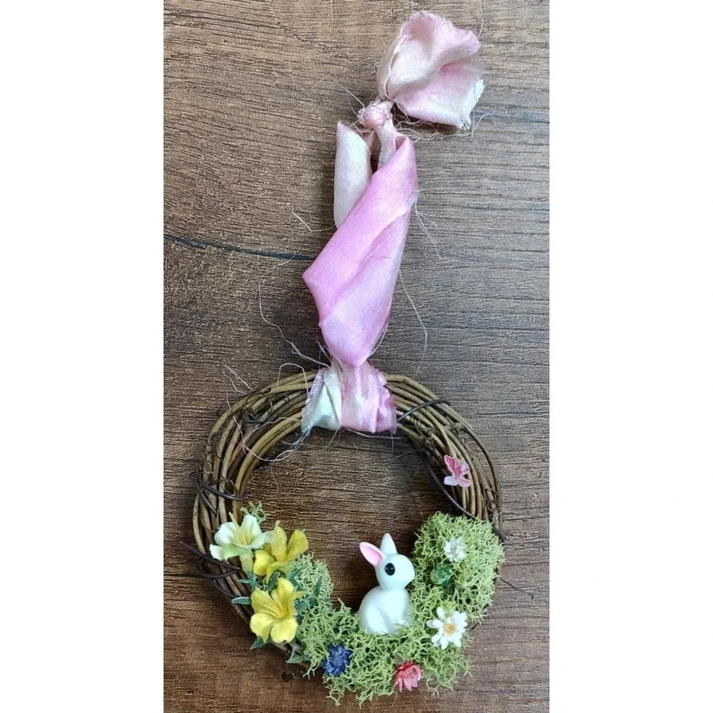 Bunny Rabbit Christmas Ornament Wreath Handmade Diorama Spring Flower Garden